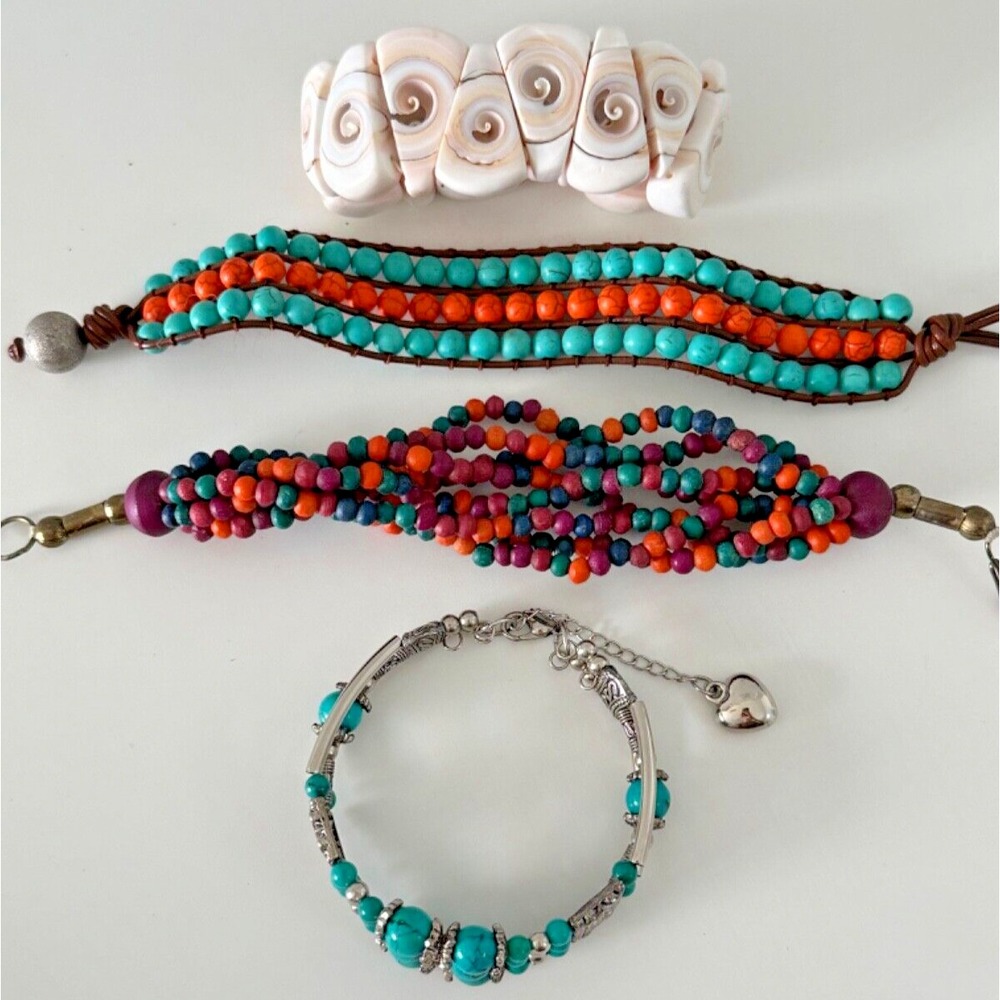 Bracelet Lot Statement Shell Stretch Aqua Blue Orange Beaded Set of 4 Fashion